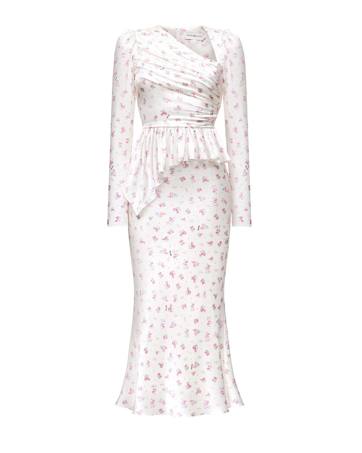 FIONELLA, MAXI DRESS MILKY WITH CRIMSON ROSE PRINT