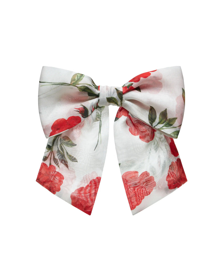 MIRELLA, MILKY WHITE BOW HAIR CLIP WITH MEDIUM RED FLOWERS