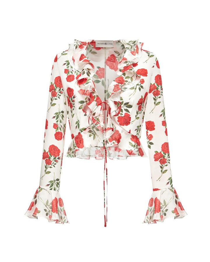 ROXANNA, BLOUSE WITH SLEEVES AND RUFFLES, MILKY WHITE WITH MEDIUM RED FLOWERS