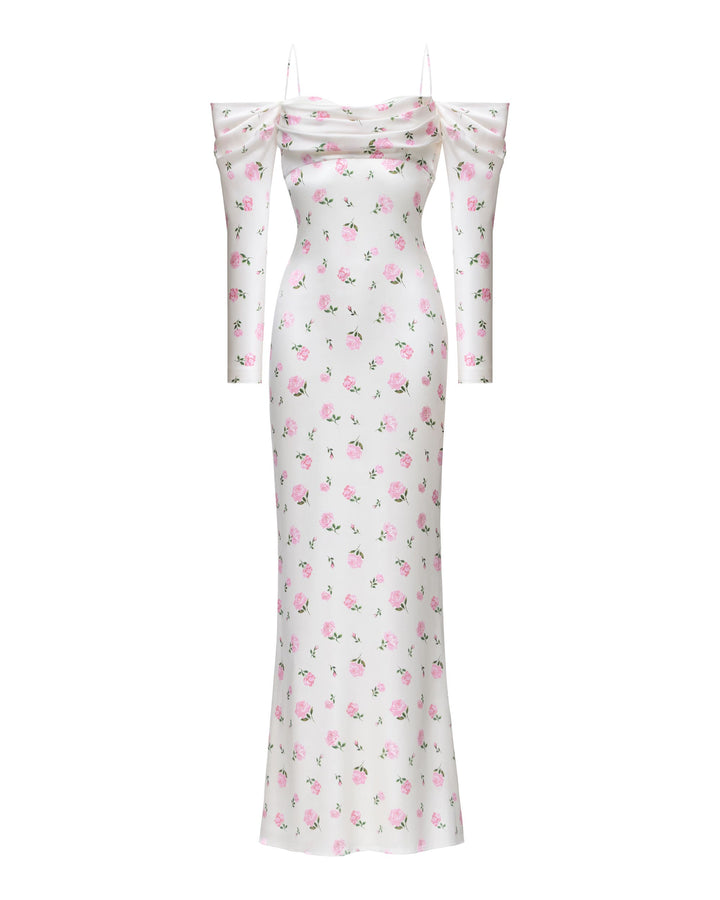 MARLEN, MAXI DRESS MILKY WITH PINK ROSE PRINT