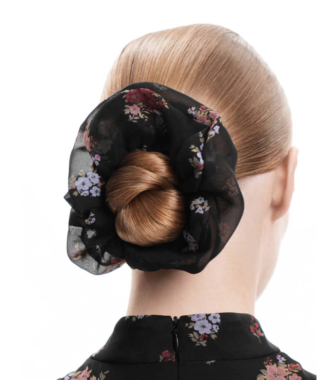 BRUNA, BLACK CHIFFON HAIR TIE WITH SMALL MULTICOLOR FLOWERS