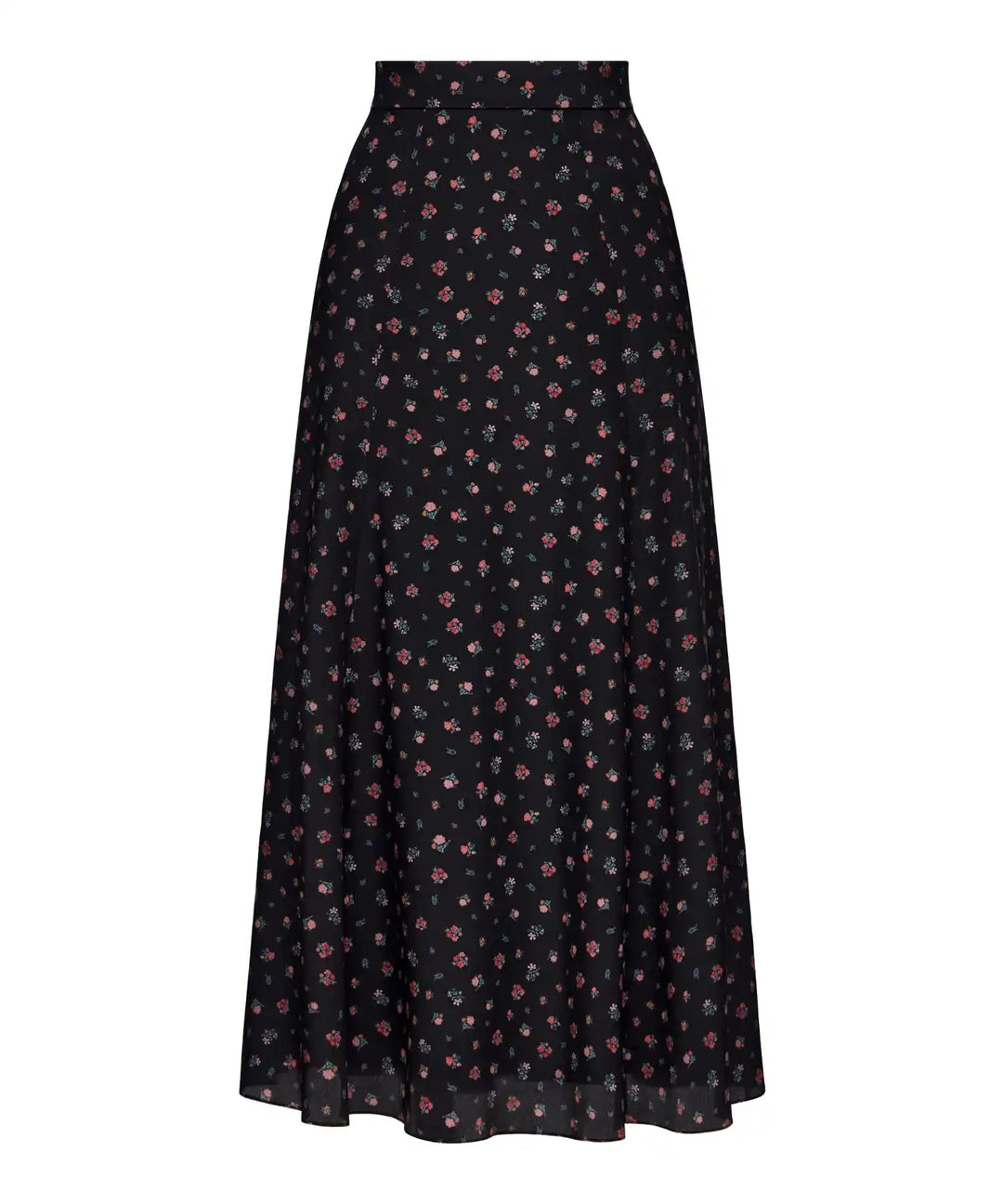 OLIVIA, BLACK CREPE DE CHINE MIDI SKIRT WITH SMALL RED FLOWERS