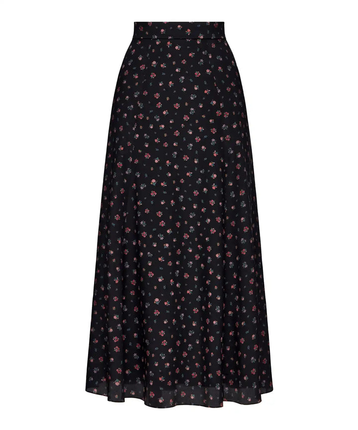 OLIVIA, BLACK CREPE DE CHINE MIDI SKIRT WITH SMALL RED FLOWERS