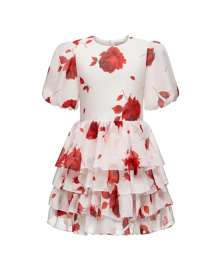 FIFI, CHILDREN'S DRESS MADE OF IVORY CHIFFON WITH RED FLOWERS