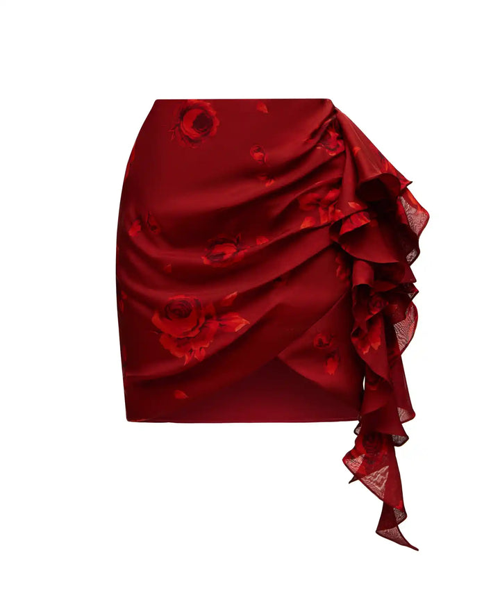 LOREEN, MINI SKIRT MADE OF BURGUNDY CHIFFON WITH RED FLOWERS