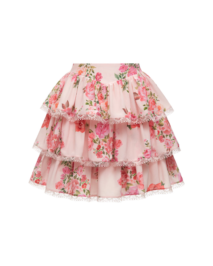 BETTY, MINI SKIRT WITH RUFFLES, BABY PINK WITH MEDIUM PINK FLOWERS