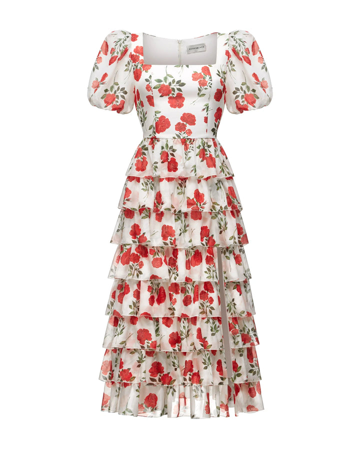 SUSANNA, SILK MAXI DRESS WITH FEATURING SCALLOPED TIERS FLORAL PRINT DRESS