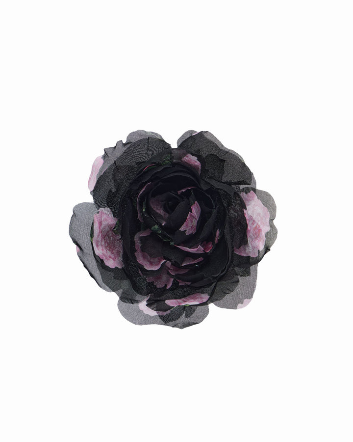 FLORA, FLOWER BROOCH BLACK WITH PINK ROSE PRINT