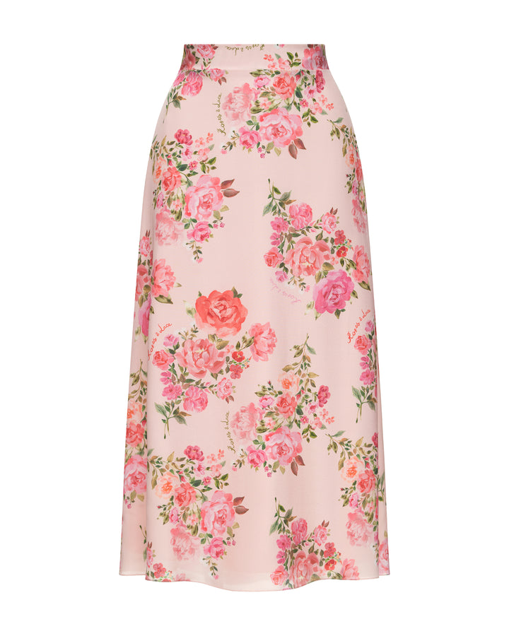 KERRY, MIDI SKIRT, BABY PINK WITH MEDIUM PINK FLOWERS