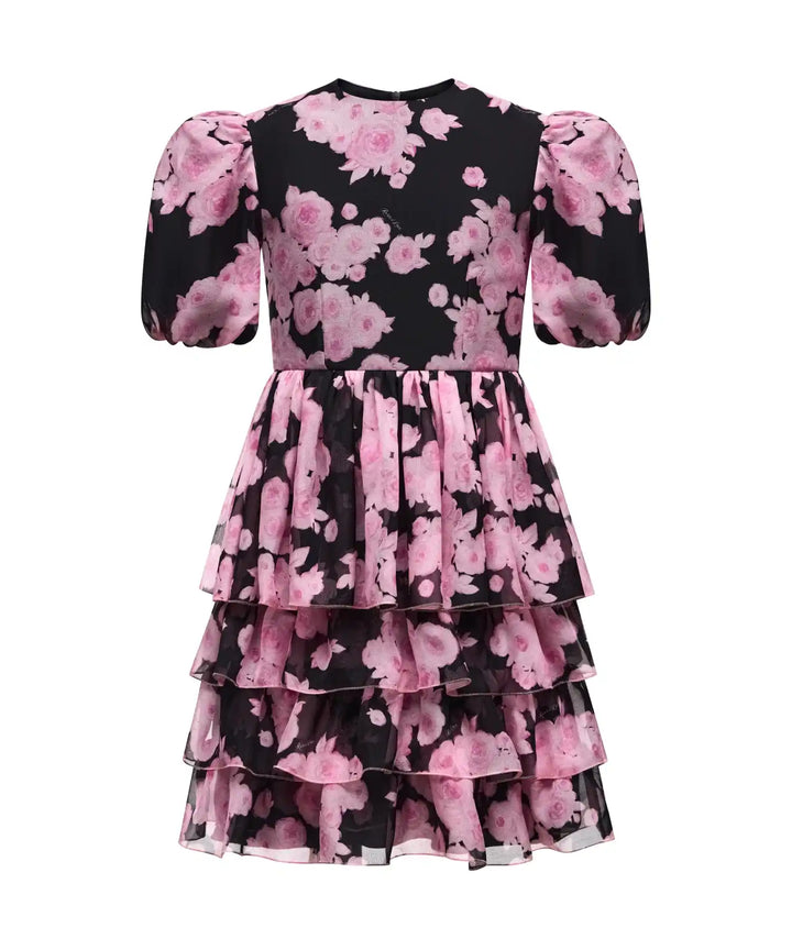 FIFI, CHILDREN DRESS BLACK CHIFFON WITH PINK FLOWERS