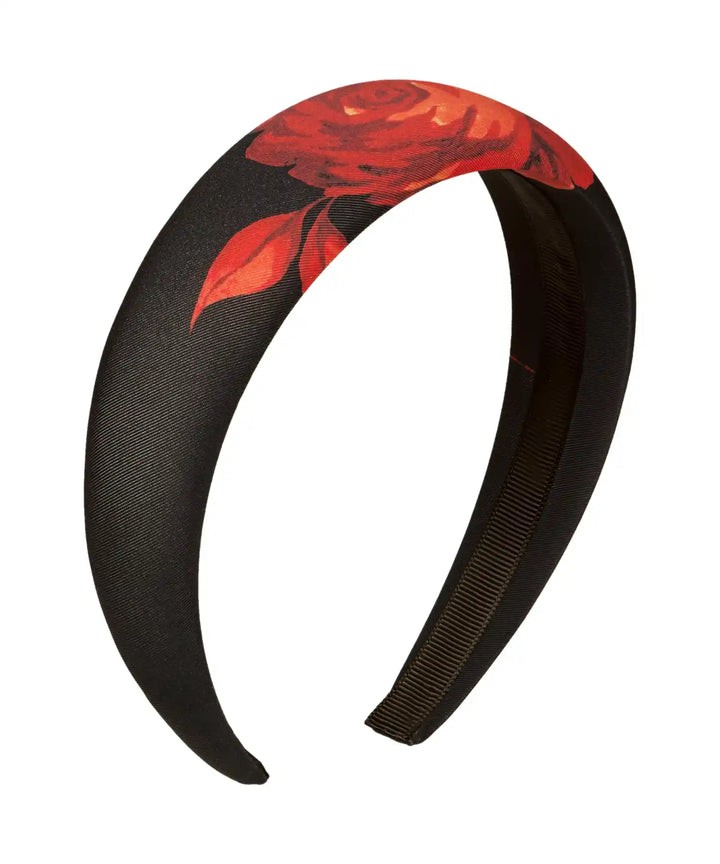 NOELIA, HEADBAND MADE OF BLACK BIFLEX WITH RED FLOWERS