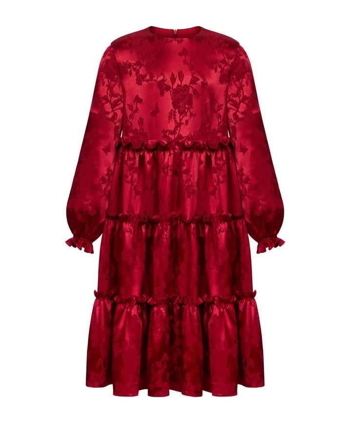 ALISA, CHILDREN'S DRESS MADE OF RED JACQUARD WITH FLOWERS