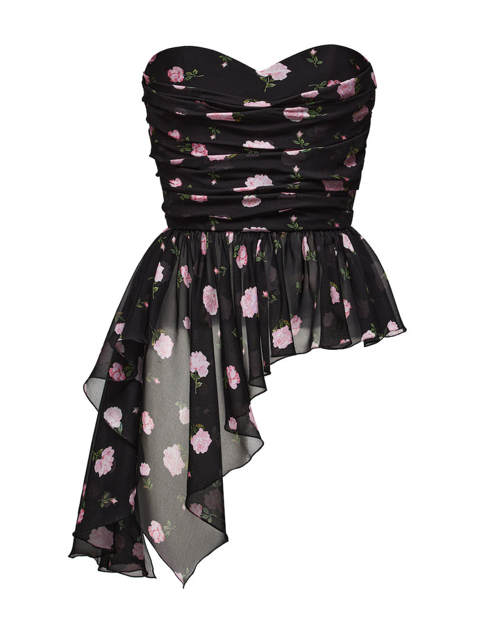 JOAN CORSET TOP WITH ASYMMETRICAL PEPLUM, BLACK ADORNED WITH MEDIUM PINK FLOWERS