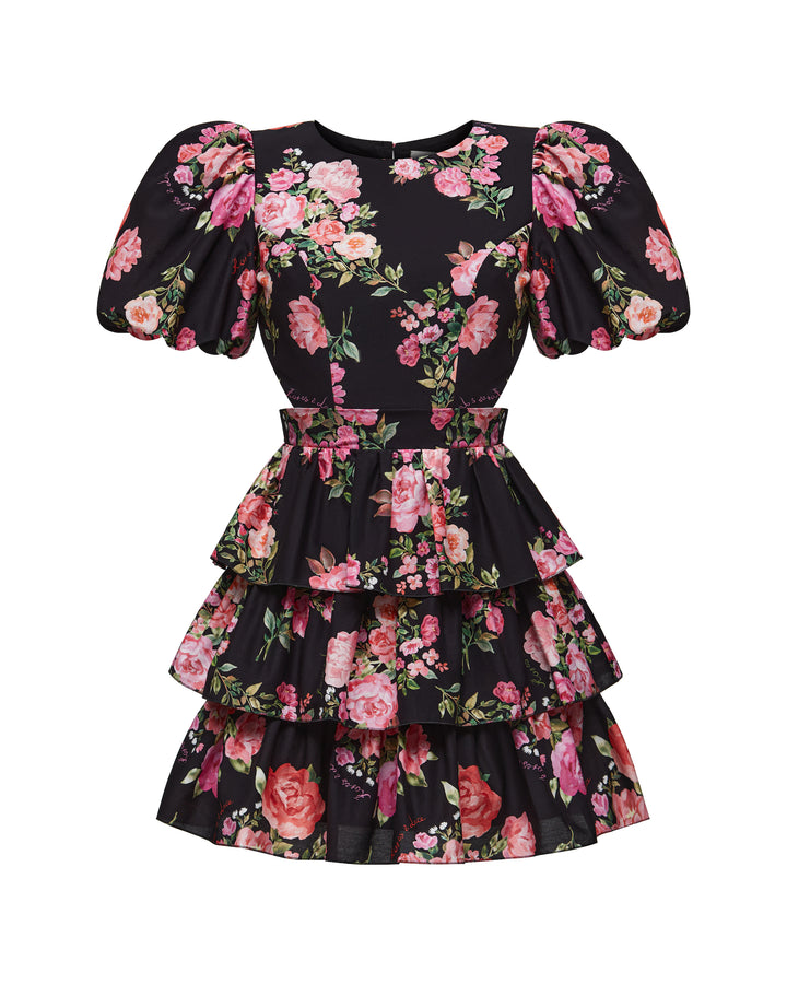 SORELLI A MINI DRESS WITH SHORT SLEEVE LANTERN, RUFFLE SKIRT BLACK WITH MEDIUM PINK FLOWERS