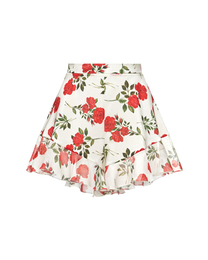 AUDRIE, MINI SHORTS WITH RUFFLES, MILKY WHITE WITH MEDIUM RED FLOWERS