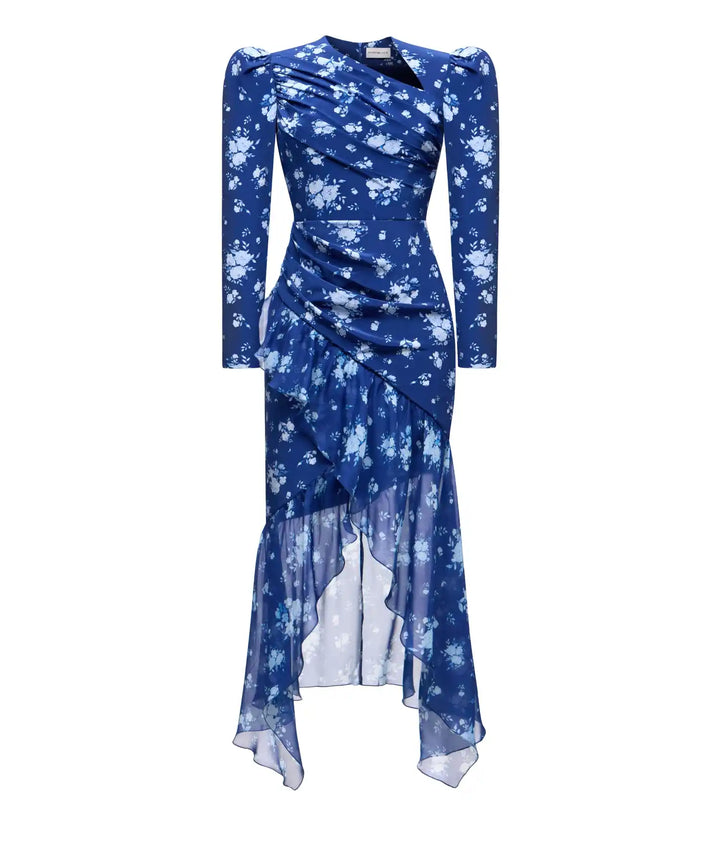 ORLENE, BLUE CREPE DE CHINE AND CHIFFON MIDI DRESS WITH MEDIUM BLUE FLOWERS