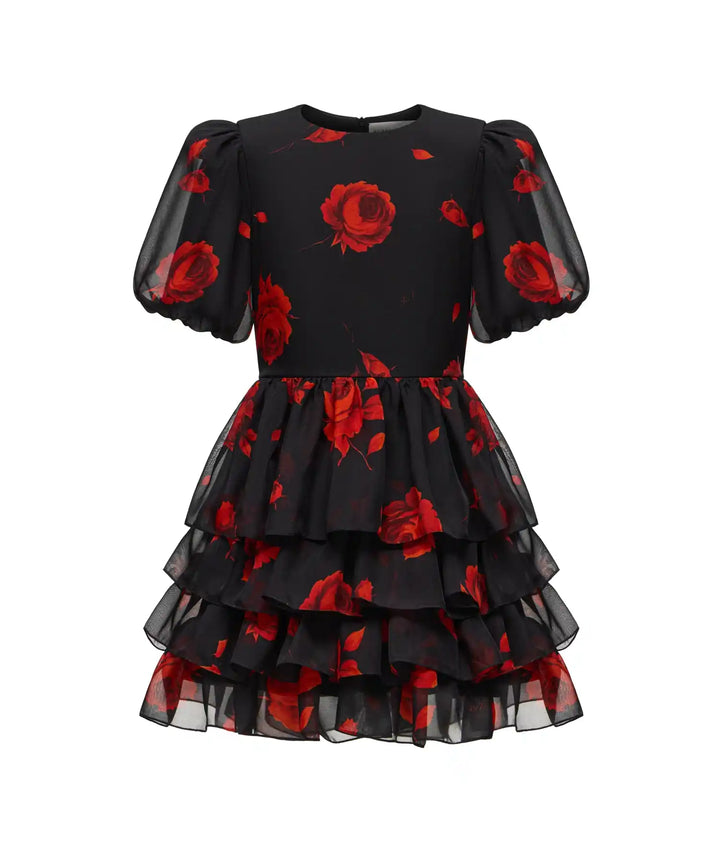 FIFI, CHILDREN'S DRESS MADE OF BLACK CHIFFON WITH RED FLOWERS