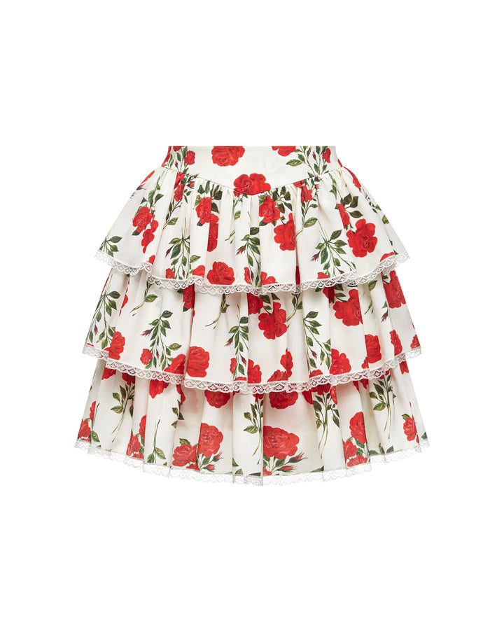 BETTY, MINI SKIRT WITH RUFFLES, MILKY WHITE WITH MEDIUM RED FLOWERS