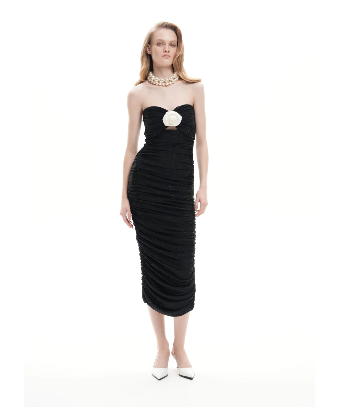 NICOLE, BLACK BIFLEX MIDI DRESS WITH RHINESTONES AND ROSE