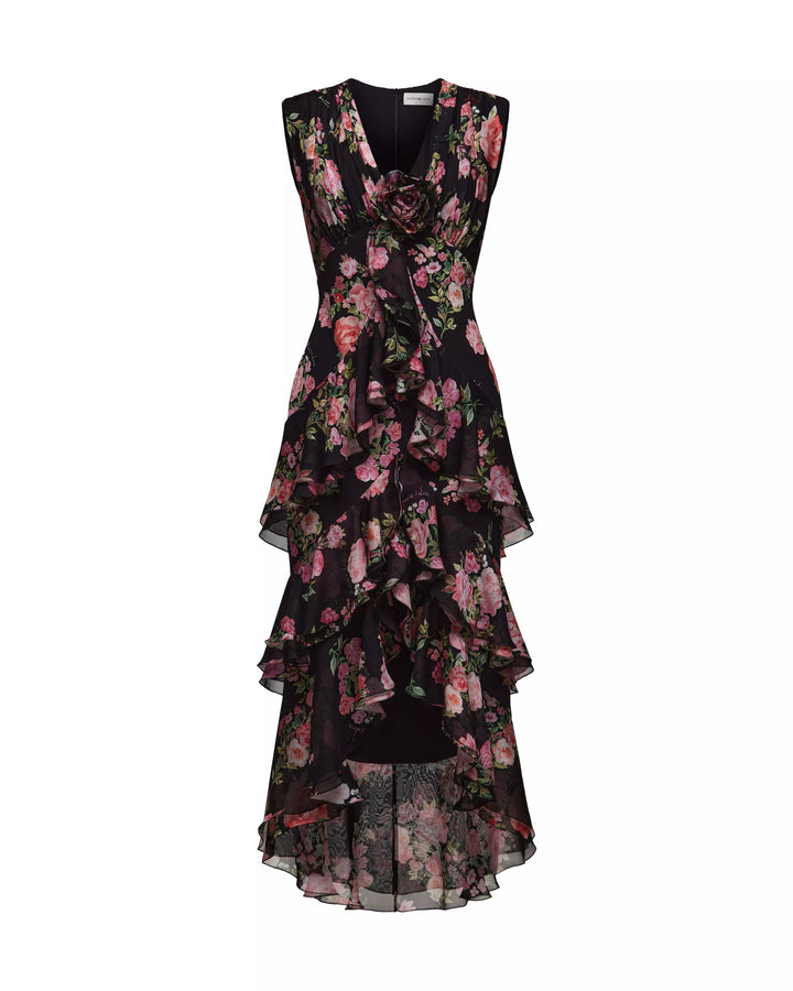 BEATA, A BLACK MIDI DRESS ADORNED WITH MEDIUM-SIZED PINK FLOWERS