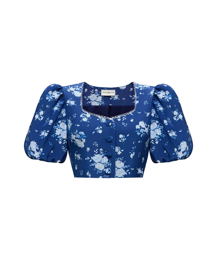 CHANELLE, CROPPED JACKET WITH PUFF SLEEVES, BLUE WITH MEDIUM BLUE FLOWERS