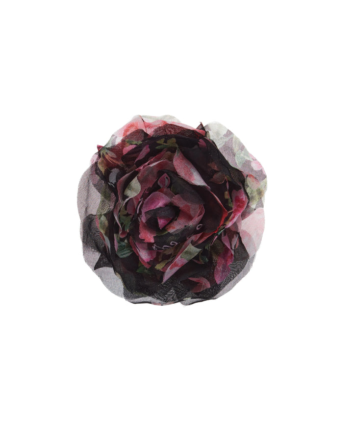 FLORA, FLOWER BROOCH, BLACK WITH MEDIUM PINK FLOWERS