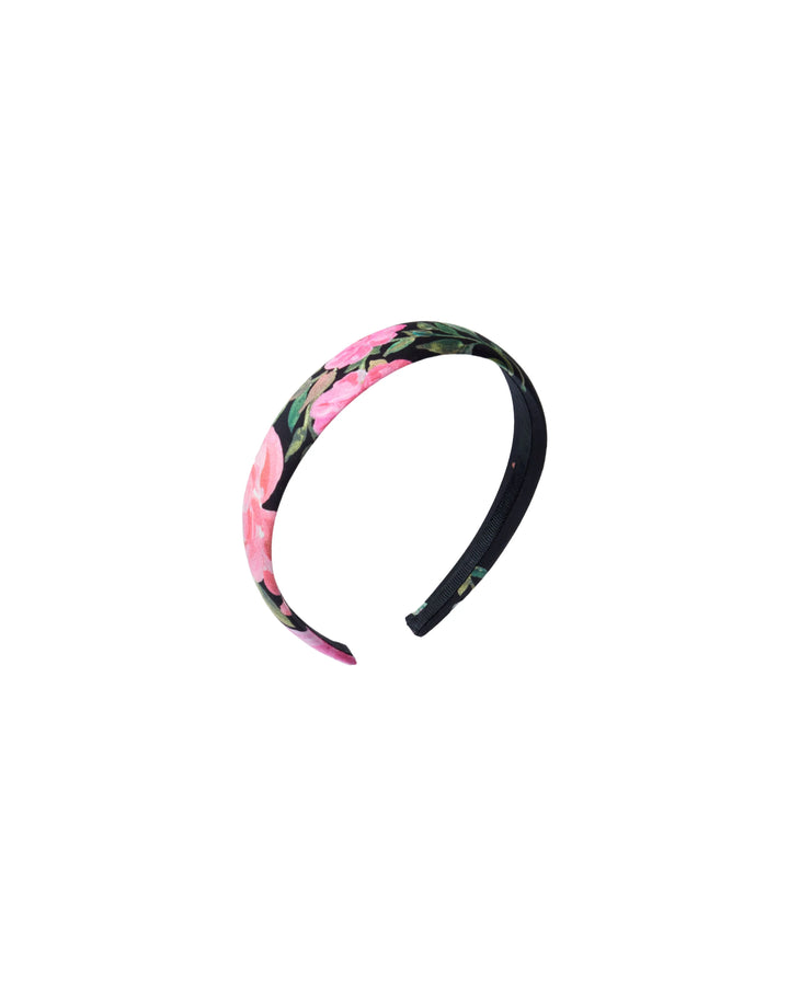 NOEMI, BLACK CHILDREN'S HEADBAND WITH MEDIUM PINK FLOWERS