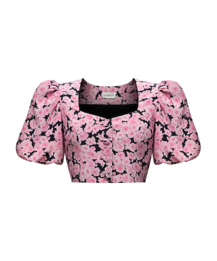 CHANELLE, CROPPED JACKET WITH PUFF SLEEVES, BLACK WITH MEDIUM PINK FLOWERS