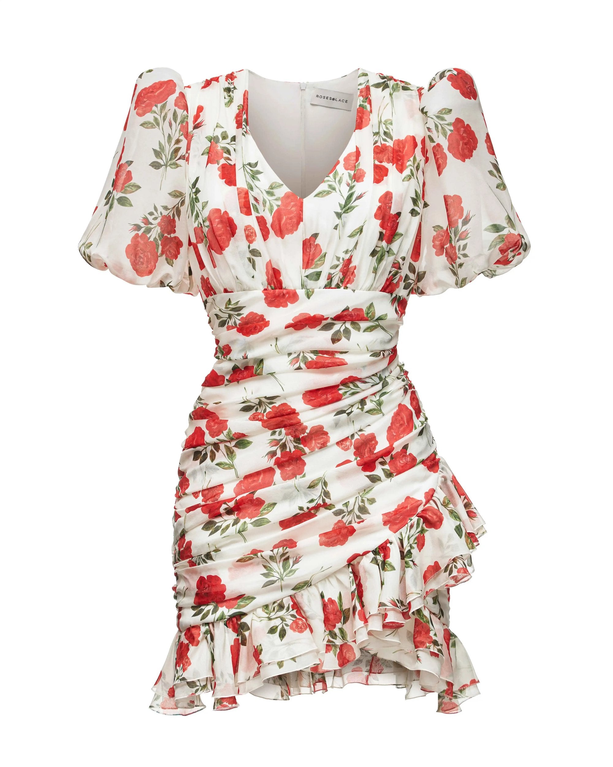 JOSEPHINE, SHORT SLEEVE MILK WHITE MINI DRESS WITH MEDIUM RED FLOWERS