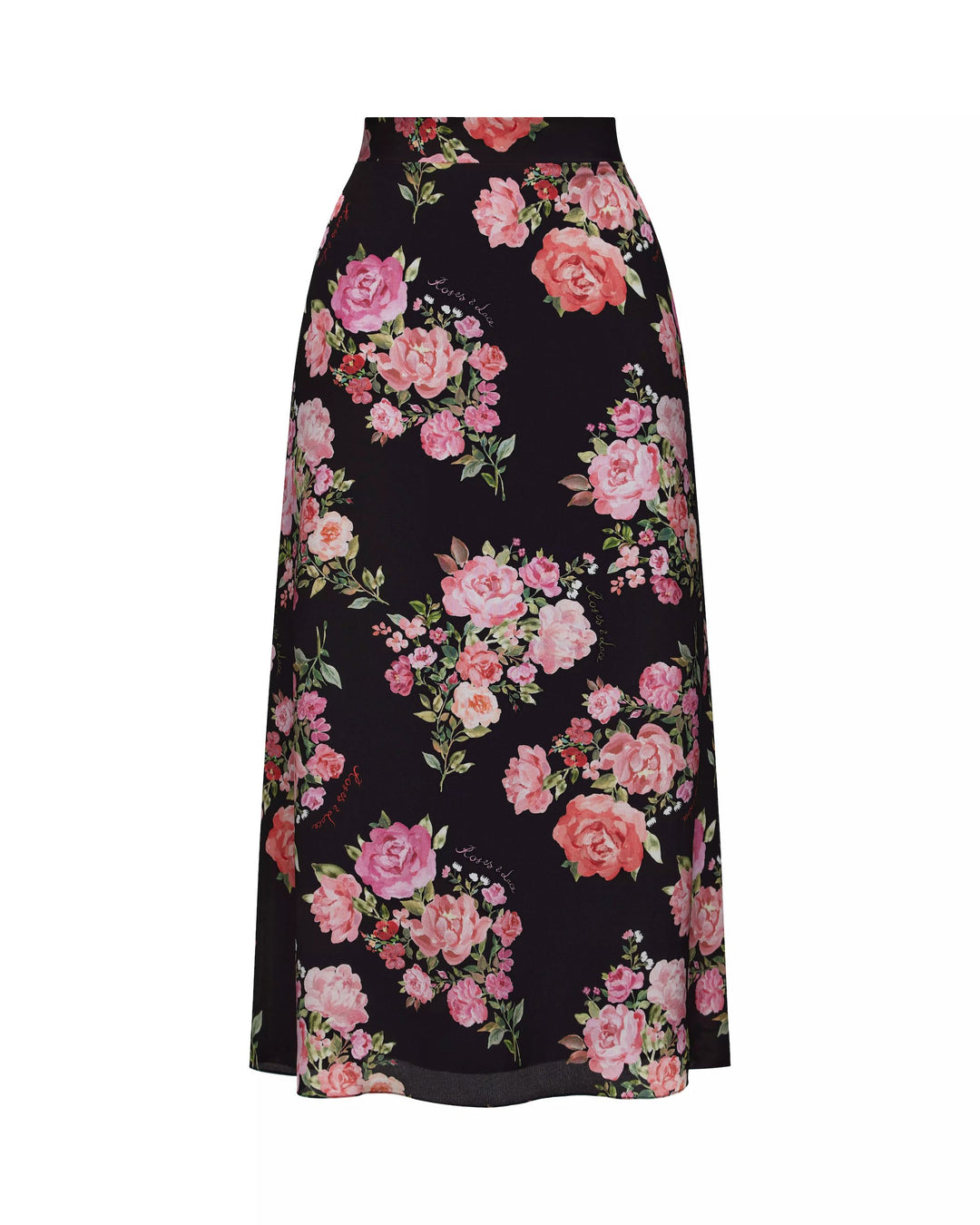 KERRY, MIDI SKIRT, BLACK WITH MEDIUM PINK FLOWERS