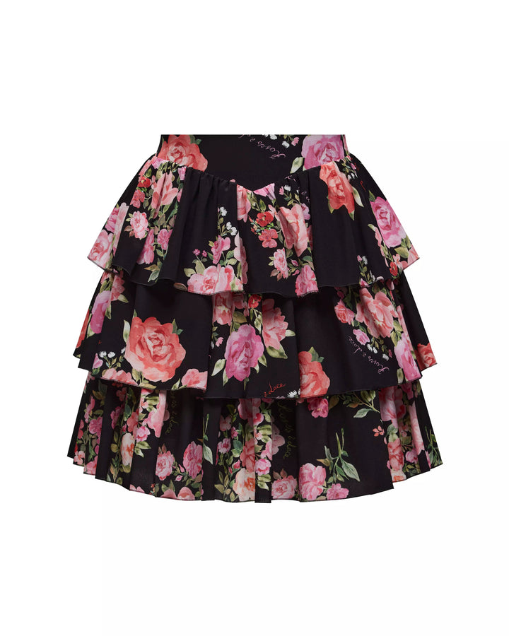 BETTY, MINI SKIRT WITH RUFFLES, BLACK WITH MEDIUM PINK FLOWERS