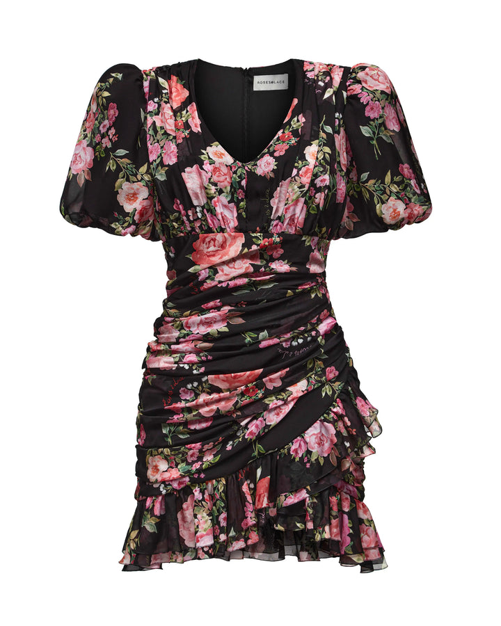 JOSEPHINE, SHORT SLEEVE MINI DRESS IN BLACK WITH MEDIUM PINK FLOWERS