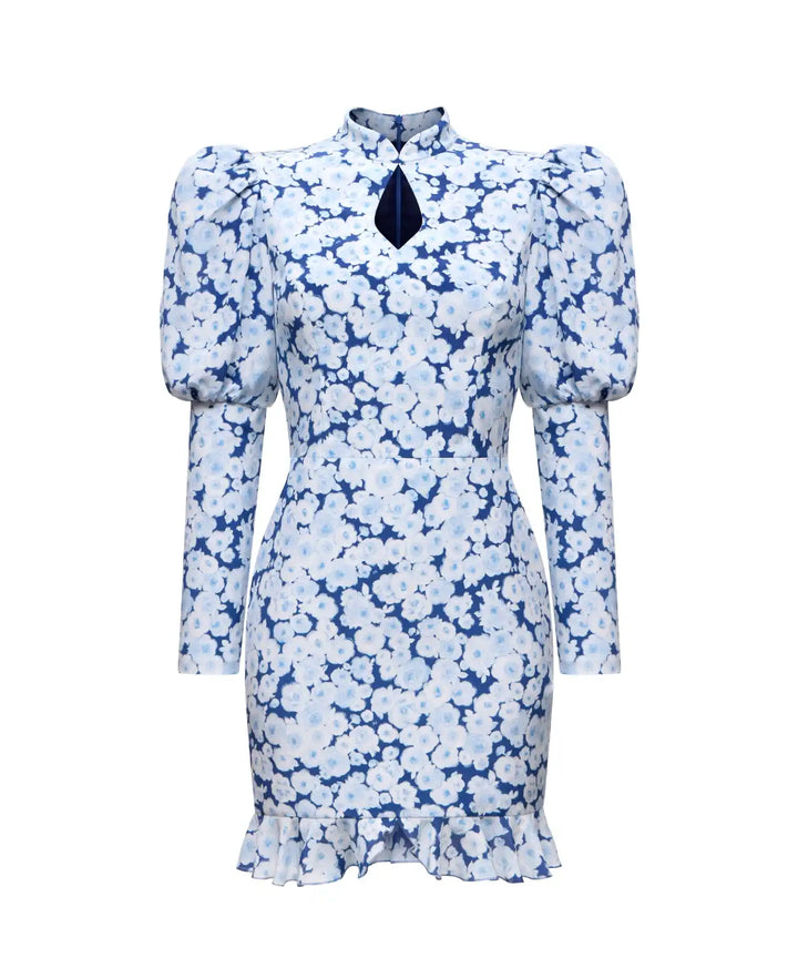 GIANNETTA MINI, BLUE CREPE DE CHINE MINI DRESS WITH MEDIUM LIGHT BLUE FLOWERS