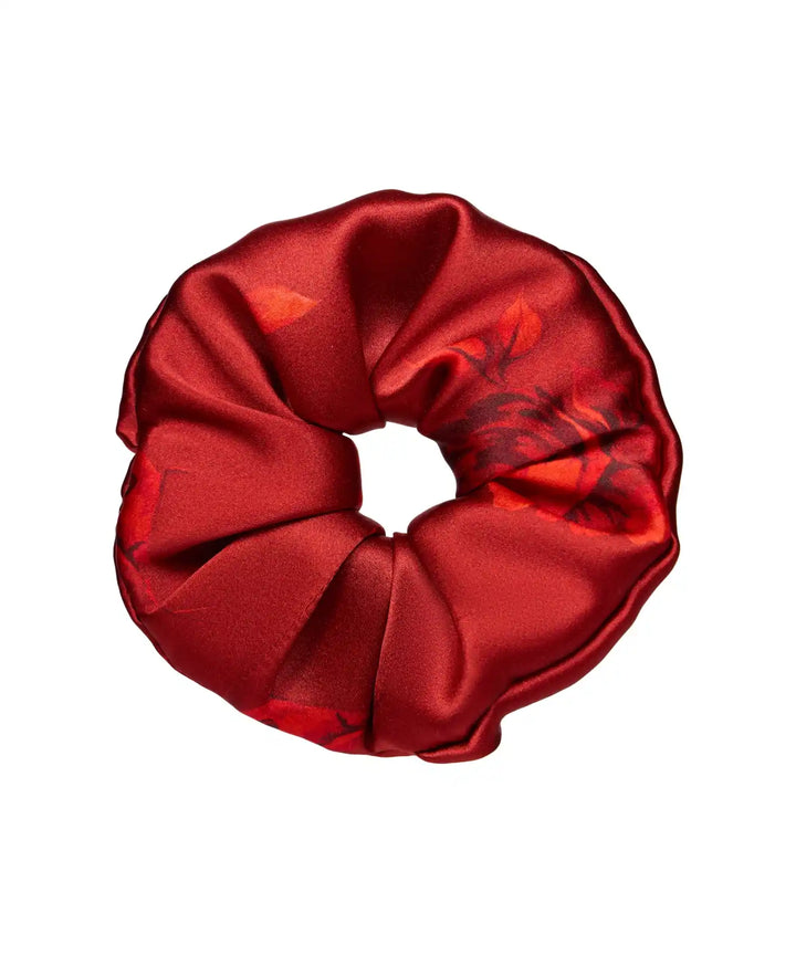 BRUNA, HAIR TIE MADE OF BURGUNDY SATIN WITH RED FLOWERS