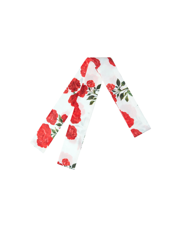 LUANA, MILKY WHITE RIBBON WITH MEDIUM RED FLOWERS