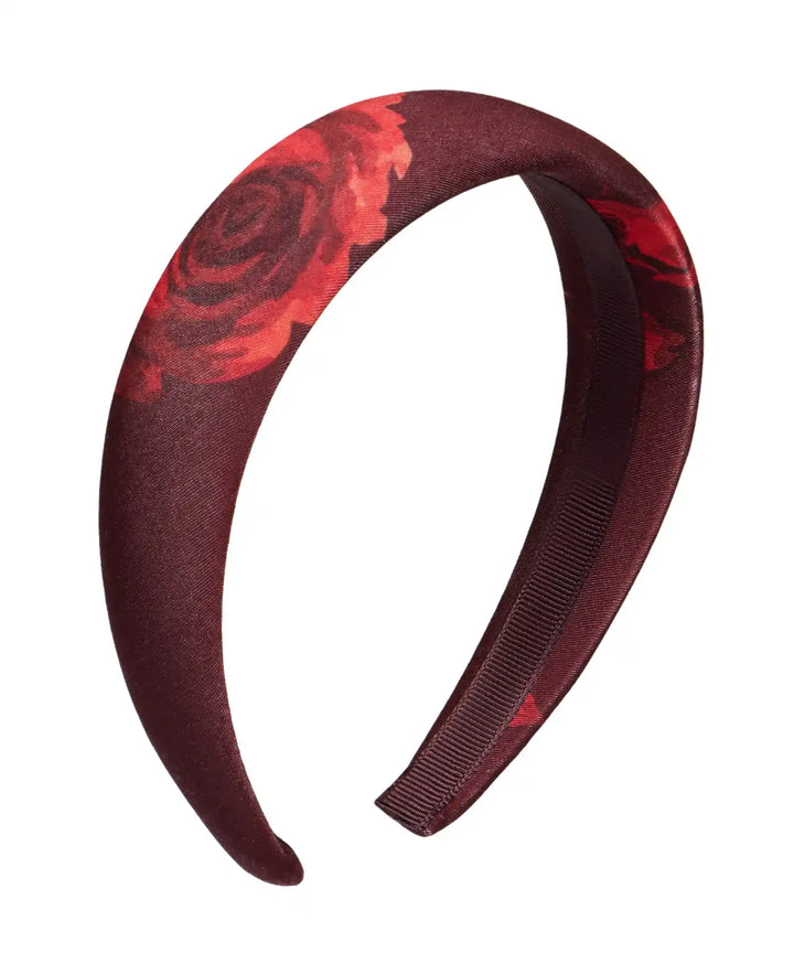 NOELIA, HEADBAND MADE OF BURGUNDY BIFLEX WITH RED FLOWERS