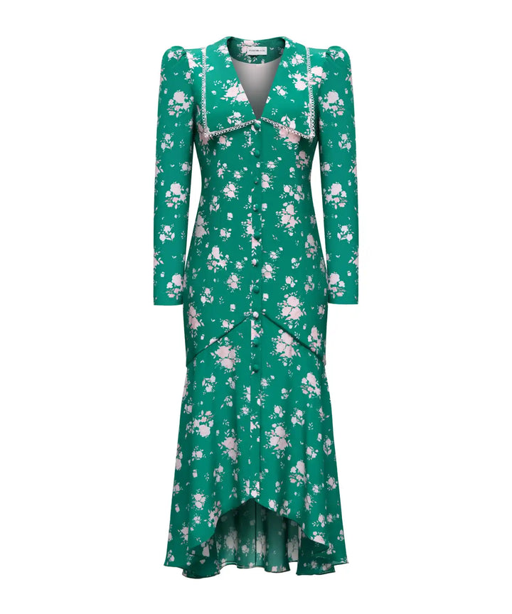 AUDRICE, GREEN CREPE DE CHINE MIDI DRESS WITH MEDIUM LIGHT PINK FLOWERS