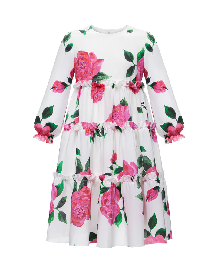 ALISA, CHILDREN’S DRESS MILKY WITH CRIMSON ROSE PRINT