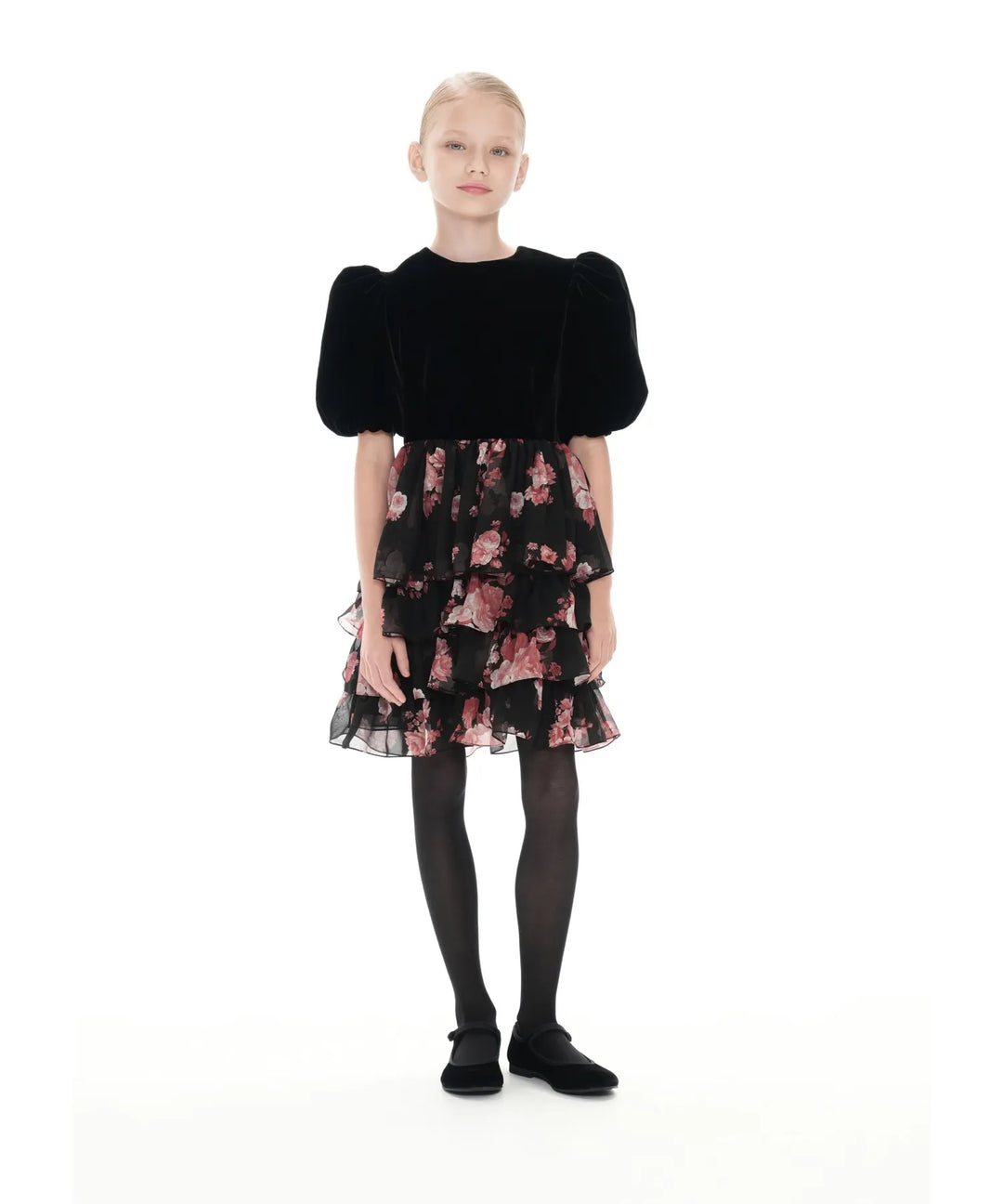 FIFI, BLACK CHIFFON CHILDREN DRESS WITH BURGUNDY FLOWERS