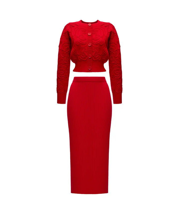 MARYL-DONNA, KNITTED SET, SWEATER AND SKIRT MADE OF RED COTTON