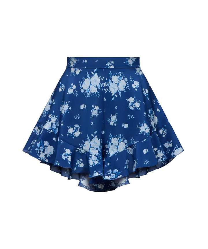 AUDRIE, MINI SHORTS WITH RUFFLES, BLUE WITH MEDIUM BLUE FLOWERS