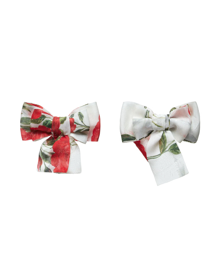 MIMI, CHILDREN'S BOW HAIR CLIPS MILKY WHITE PINK WITH MEDIUM RED FLOWERS