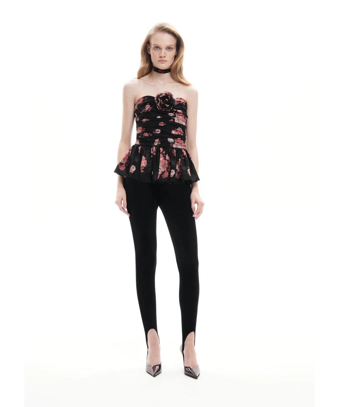 ROSALIE, BLACK CHIFFON CORSET TOP WITH LARGE BURGUNDY FLOWERS