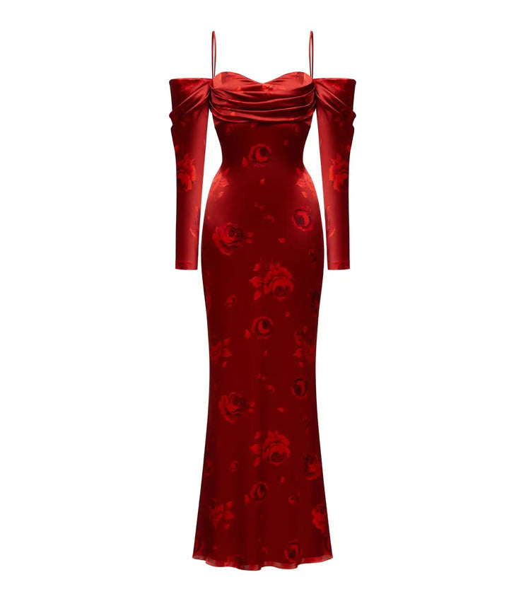 MARLEN, MAXI DRESS MADE OF BURGUNDY SATIN WITH RED FLOWERS