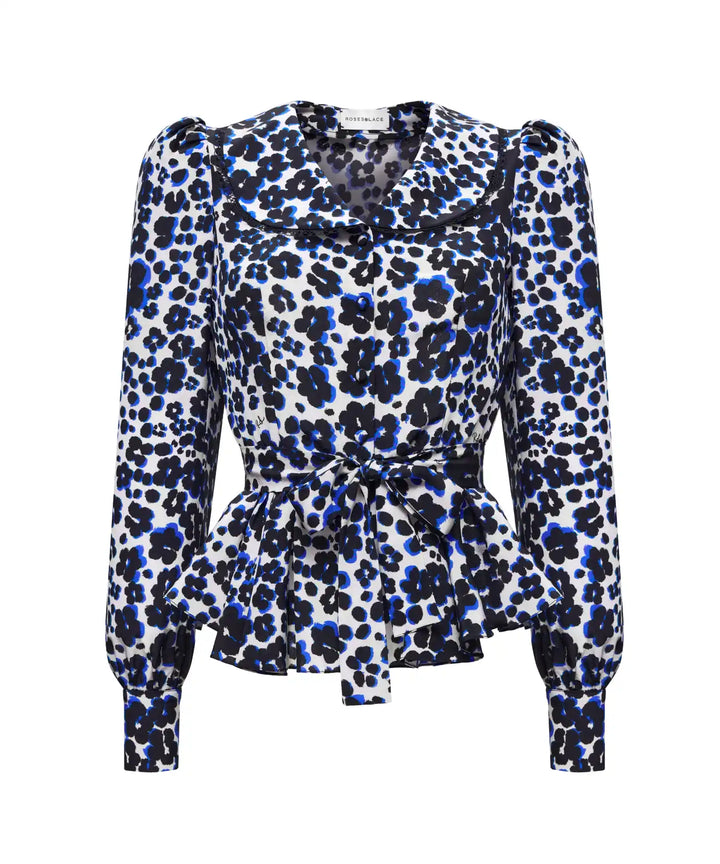 ROSETTA, MILKY CREPE DE CHINE BLOUSE WITH MEDIUM BLACK FLOWERS