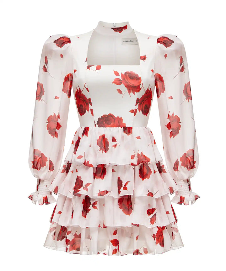 VALERIE MINI, MINI DRESS MADE OF IVORY CHIFFON WITH RED FLOWERS