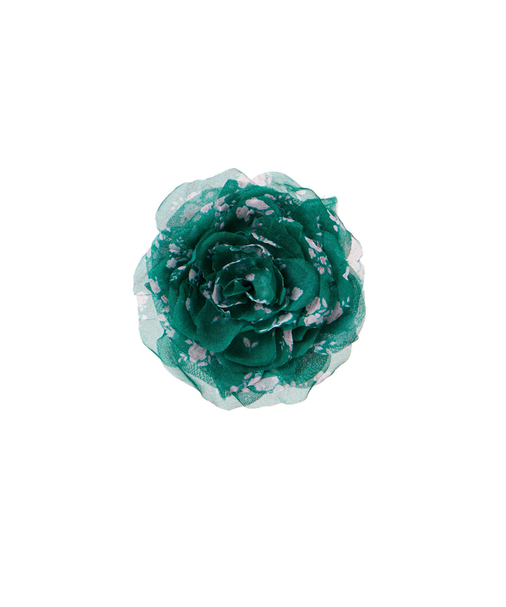 FLORA, FLOWER BROOCH GREEN CHIFFON WITH SMALL LIGHT PINK FLOWERS