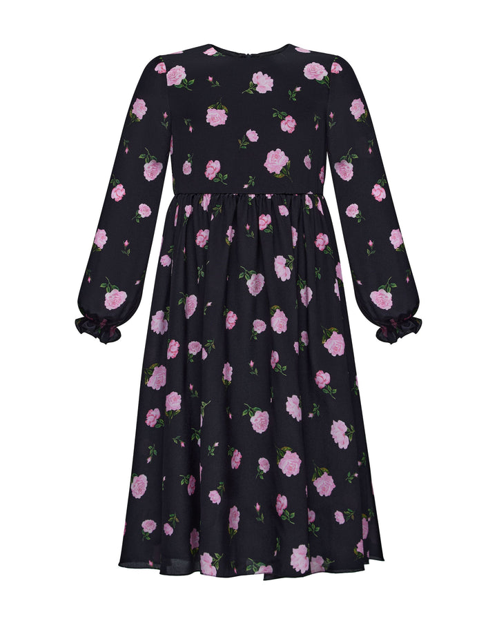 EVA, CHILDREN’S DRESS BLACK WITH PINK ROSE PRINT