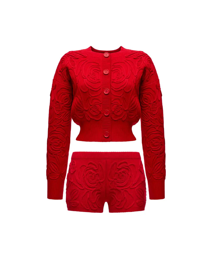 MARYL-JADE, KNITTED SET, SWEATER AND SHORTS MADE OF RED COTTON WITH LACE ROSES