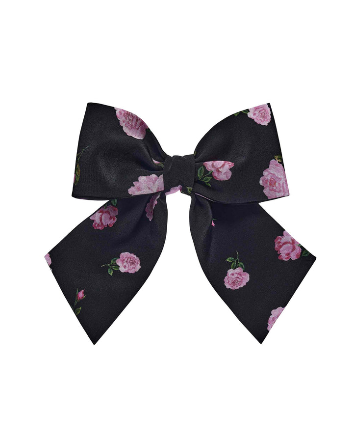 MIRELLA, BOW HAIR CLIP BLACK WITH PINK ROSE PRINT